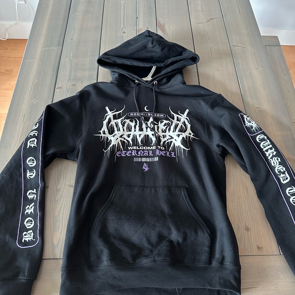 Gauged Champion Black Hoodie with White & Purple Graphic